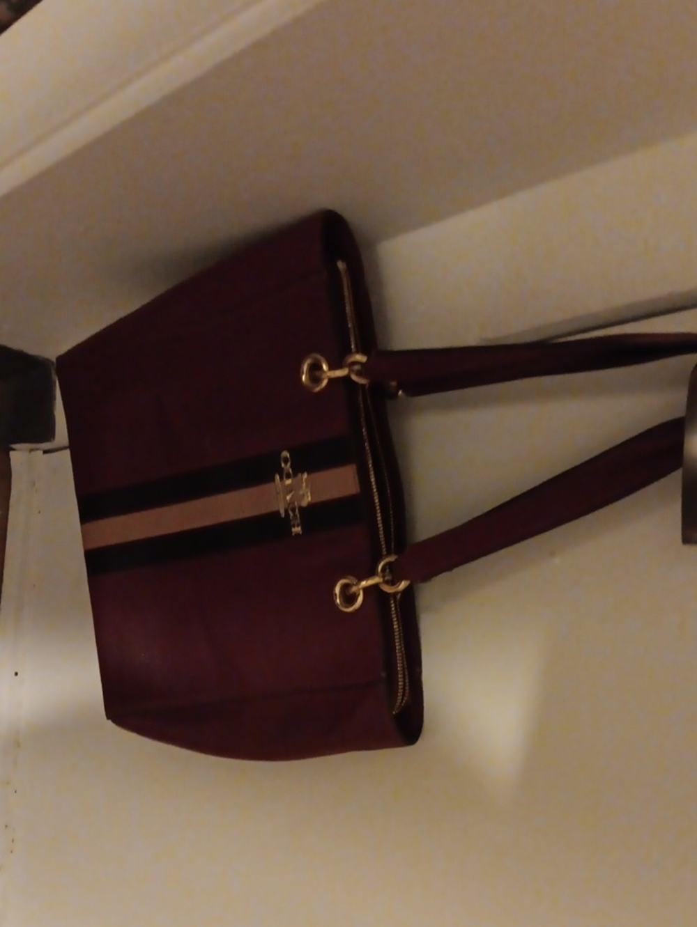 Coach Burgundy Shoulder Bag with Black and Nude Stripes